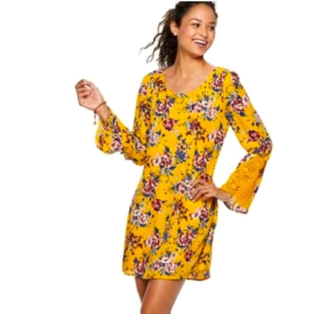 Speechless Mustard Yellow Floral Long Lace Bell Sleeve A-Line Shift Dress Size L - Picture 1 of 8
